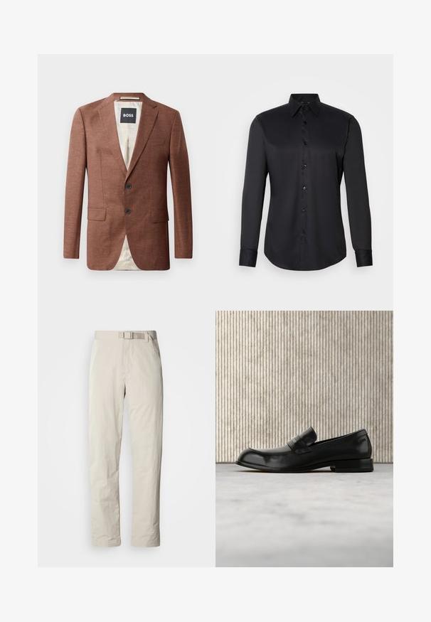 Brun linned blazer med notch-lapel, to frontlommer, to sorte knapper og lyse indvendige foer. Etiket mærket 'BOSS'.; Sort skjorte med knaplukning, lavet af glat stof, med klassisk krave, lange ærmer og knaplukning foran.; Beige bukser med lige ben, lavet af letvægtsstof. Har et indbygget bælte og en subtil struktur med en glat finish.; Sort læderloafer med metalaccent, vist svævende over et beige tæppe, med et rundt, ravfarvet bord i baggrunden.