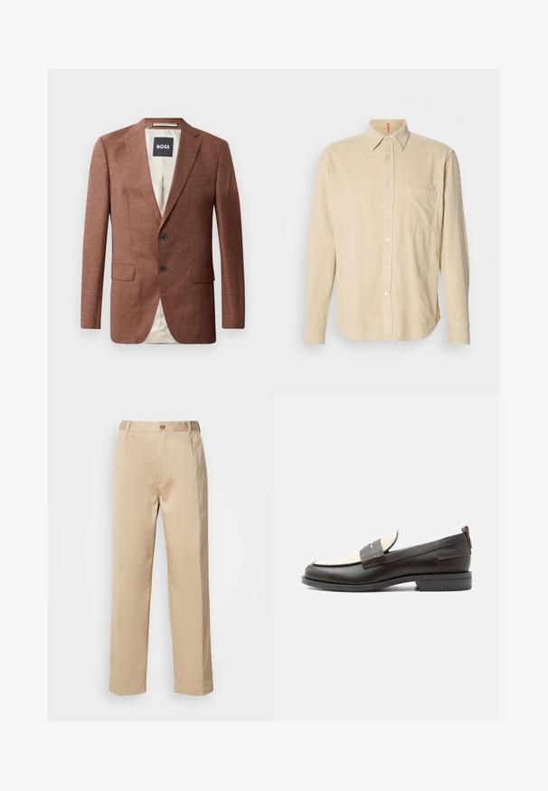 Blazer de lino marrón con solapas caídas, dos bolsillos frontales, dos botones negros y forro de color claro. Etiqueta con la marca 'BOSS'.; Camisa de manga larga de pana beige con cuello, bolsillo frontal, cierre de botones y textura de líneas verticales. Dobladillo redondeado y puños con botones.; Pantalones beige hechos de una tela ligera, con un diseño de pierna recta, cinturilla con trabillas y un solo botón en la parte frontal.; Mocasín para hombre de cuero marrón oscuro con panel de tela crema y detalle clásico de correa cosida, suela plana y asa en el talón.