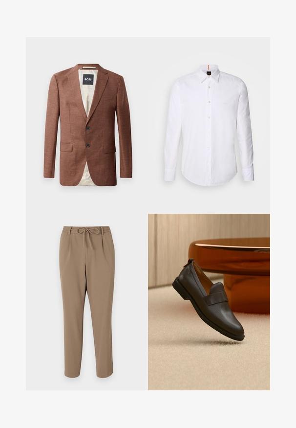 Blazer de lino marrón con solapas caídas, dos bolsillos frontales, dos botones negros y forro de color claro. Etiqueta con la marca 'BOSS'.; Camisa blanca de manga larga y corte clásico, hecha de algodón, que presenta un cuello clásico, un logo sutil cerca del pecho y botones blancos.; Pantalones beige ajustados con cintura ajustable, bolsillos laterales y textura suave. Sin patrones visibles ni acentos adicionales.; Mocasín de cuero marrón oscuro con un tacón bajo flotando sobre una alfombra beige, junto a una mesa brillante, redondeada y de color ámbar.