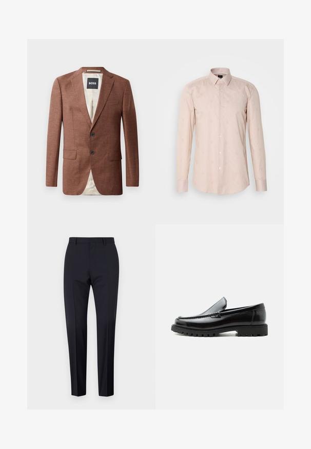 Blazer de lino marrón con solapas caídas, dos bolsillos frontales, dos botones negros y forro de color claro. Etiqueta con la marca 'BOSS'.; Camisa de manga larga color rosa claro con cuello abotonado, sutil patrón de rayas y motivos circulares bordados.; Pantalones de traje en color navy, de tiro plano, corte slim, con trabillas para cinturón y bolsillos laterales. Tejido suave con un acabado nítido, sin patrones ni acentos visibles.; Mocasín de cuero negro con suela de goma gruesa, empeine cosido y nombre de la marca en relieve en el talón, mostrado en perfil lateral sobre fondo blanco.