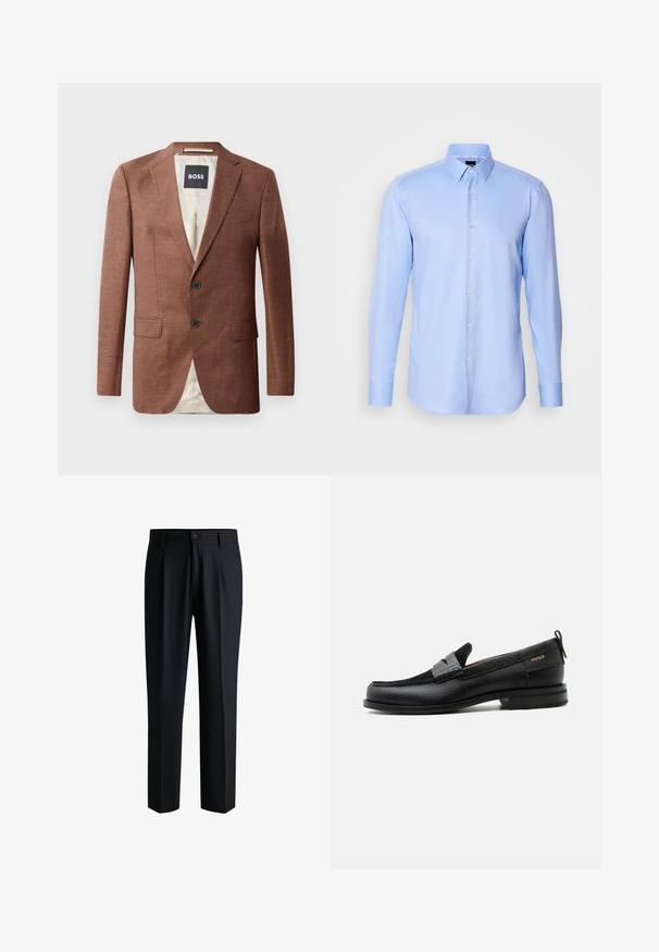 Hnedý ľanový blazer s výstrihom do V, dvoma prednými vreckami, dvoma čiernymi gombíkmi a svetlou podšívkou. Na štítku je nápis 'BOSS'.; Svetlomodrá dlhá rukávová košeľa na gombíky z textúrovaného materiálu s špicatým golierom a klasickým gombíkovým zapínaním na prednej strane.; Čierne nohavice vyrobené z hladkej tkaniny, s rovnými nohavicami, záhybmi vpredu a zapínaním na gombík s pútkami na opasok.; Čierny kožený mokasín so sivým remienkom, nízkym podpätkom a textúrovanou podrážkou, so značkou "HUGO" v zlatej farbe na boku.