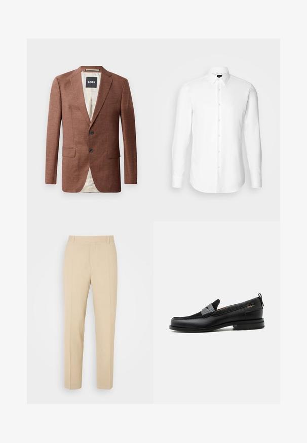 Brauner Leinenblazer mit aufgeschlagenen Revers, zwei Fronttaschen, zwei schwarzen Knöpfen und einer hellen Innenausstattung. Etikett mit der Aufschrift 'BOSS'.; Weißes Langarmhemd, vorne mit Knöpfen, klassischer Kragen, aus glattem Stoff mit feiner Textur, für eine figurnahe Passform entworfen.; Beige maßgeschneiderte Hosen mit geradem Bein, aus leichtem Stoff, mit zwei vorderen Taschen und ordentlich gebügelten Falten.; Schwarzer Lederloafer mit grauem Riemendetail, niedrigem Absatz und strukturierter Sohle, seitlich mit „HUGO“ in Gold gebrandmarkt.