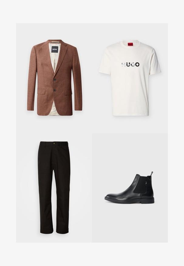 Blazer de lino marrón con solapas caídas, dos bolsillos frontales, dos botones negros y forro de color claro. Etiqueta con la marca 'BOSS'.; Camiseta blanca de manga corta con cuello redondo y logotipo reflectante "HUGO" centrado en el pecho.; Pantalones de algodón negros con corte recto, presillas para el cinturón, cremallera frontal y un solo botón de cierre. Textura suave sin patrones visibles.; Botines Chelsea de cuero negro con paneles elásticos laterales, una pestaña para tirar y una suela de goma plana. Textura suave con un detalle mínimo.