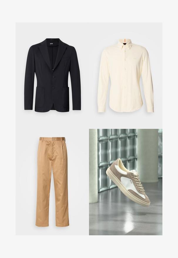Zwarte blazer van een gestructureerde stof, enkelvoudig knoopsgat, met notch-revers, twee voorzakken en twee knopen. Merkenlabel zichtbaar aan de binnenkant.; Lange mouwen, knoopsluiting shirt van lichtbeige katoen; heeft een klassieke kraag en een klein logo detail op de bovenste linker borst.; Khaki broek, katoenmix, recht model, voorplooien, riemlussen en knoopsluiting. Gladde textuur zonder patronen.; Beige en witte suède sneaker met veters en "BOSS"-logo, zwevend boven een gepolijste betonnen vloer met glazen blokken muren op de achtergrond.