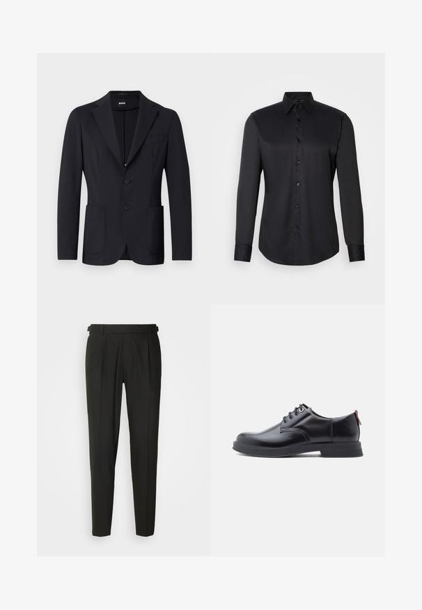 Zwarte blazer van een gestructureerde stof, enkelvoudig knoopsgat, met notch-revers, twee voorzakken en twee knopen. Merkenlabel zichtbaar aan de binnenkant.; Zwarte button-up shirt gemaakt van gladde stof, met een klassieke kraag, lange mouwen en knoopsluiting aan de voorkant.; Zwarte op maat gemaakte broeken met een vlakke voorkant, twee plooien, riemlusjes en een rechte pijpdesign. Gemaakt van een gladde, lichtgewicht stof.; Zwarte leren veter schoenen met een gladde textuur, ronde neus en subtiel stiksel detail. Voorzien van een rode trekband op de hiel.