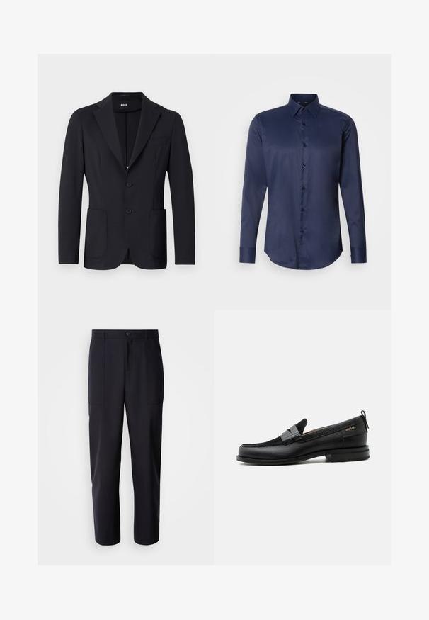 Zwarte blazer van een gestructureerde stof, enkelvoudig knoopsgat, met notch-revers, twee voorzakken en twee knopen. Merkenlabel zichtbaar aan de binnenkant.; Navyblauwe herenoverhemd met lange mouwen, puntige kraag en knoopsluiting aan de voorkant, weergegeven op een eenvoudige witte achtergrond.; Donkerblauwe broek van soepel materiaal, met een rechte pijpdesign, twee zijzakken en een knoopsluiting in de taille.; Zwarte leren loafer met grijs riemdetailelement, lage hak en gestructureerde zool, aan de zijkant gebrandmerkt met "HUGO" in goud.
