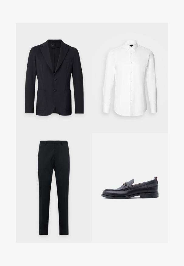 Zwarte blazer van een gestructureerde stof, enkelvoudig knoopsgat, met notch-revers, twee voorzakken en twee knopen. Merkenlabel zichtbaar aan de binnenkant.; Witte blouse met lange mouwen, knoopsluiting aan de voorkant, klassieke kraag, gemaakt van gladde stof met een subtiele textuur, ontworpen voor een aansluitende pasvorm.; Zwarte op maat gemaakte heren formele broeken met riemlussen, platte voorkant en rechte pijpen op een witte achtergrond.; Zwarte leren loafer met grijze, gestructureerde vamp, zilveren metalen gesp, lage hak en trekkoord aan de achterkant.