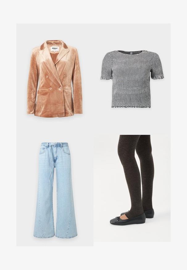 Blazer beige en velours à double boutonnage avec des revers crantés, quatre boutons à l'avant, deux poches latérales et une doublure lisse à l'intérieur.; Haut à manches courtes rayé noir et blanc en tissu texturé smocké avec des bords volantés aux manches et à l’ourlet.; Jean denim bleu clair à jambes larges, avec poches avant, passants de ceinture et ceinture nouée ample à la taille sur un fond uni.; Jambes portant des leggings côtelés foncés associés à des ballerines noires avec de petits détails en nœud sur fond blanc.