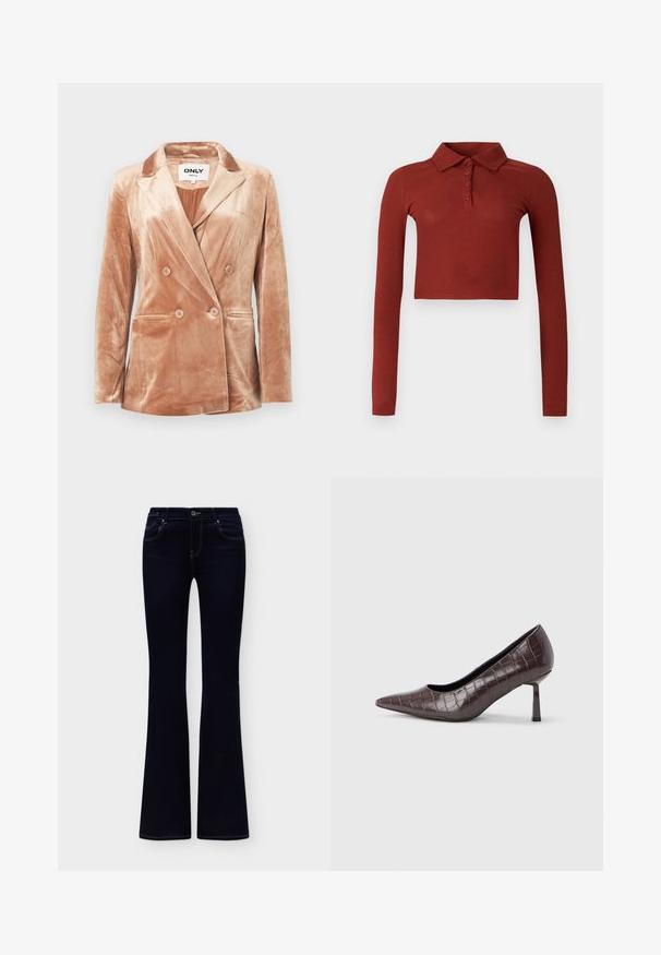 Blazer beige en velours à double boutonnage avec des revers crantés, quatre boutons à l'avant, deux poches latérales et une doublure lisse à l'intérieur.; Polo à manches longues recadré en tissu côtelé rouge rouille, avec col et patte de boutonnage à six boutons sur le devant.; Jean femme bleu foncé taille haute avec jambes évasées, poches avant et surpiqûres contrastantes, présenté sur un fond uni.; Escarpins à bout pointu en similicuir marron avec une texture crocodile, dotés d’un talon fin et angulaire ainsi que d’une doublure intérieure lisse.