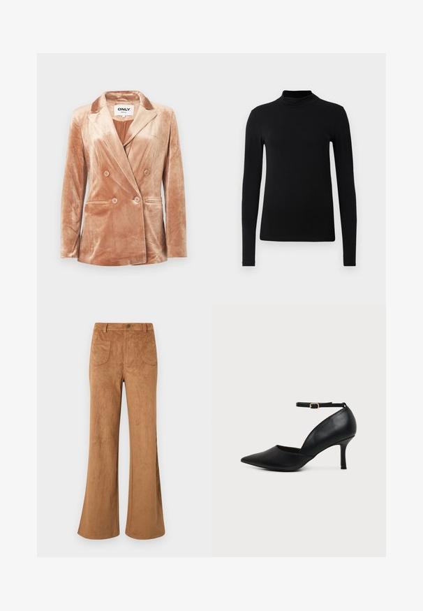 Blazer beige en velours à double boutonnage avec des revers crantés, quatre boutons à l'avant, deux poches latérales et une doublure lisse à l'intérieur.; Chemise à col roulé noir à manches longues en tissu lisse ; design ajusté avec un col haut et sans coutures visibles. Couleur unie et simple.; Pantalon évasé en daim marron avec taille haute, poches avant et arrière, et texture lisse. Conçu pour un ajustement décontracté sur toute la jambe.; Chaussure en cuir noir à bout pointu avec talon kitten, bride à la cheville et boucle dorée sur fond neutre.