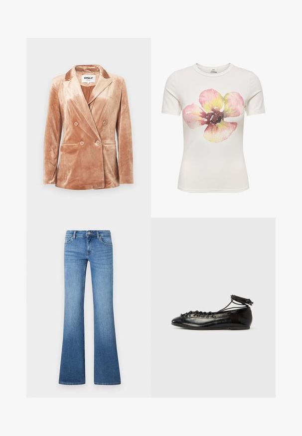 Blazer beige en velours à double boutonnage avec des revers crantés, quatre boutons à l'avant, deux poches latérales et une doublure lisse à l'intérieur.; T-shirt blanc à manches courtes avec une grande fleur dans un style aquarelle en tons rose, jaune et marron, centrée sur le devant.; Jean flare bleu clair en denim. Comprend un design à cinq poches, une fermeture par bouton métallique et un léger délavage près des genoux.; Ballerines en cuir verni noir avec un bout rond, un design à lacets et une semelle plate. Texture lisse avec peu de détails.