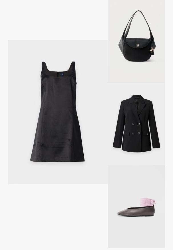 Blazer negro de doble botonadura con solapa con muesca, dos bolsillos delanteros y detalle de botones. Fabricado con tela tejida suave.; Vestido negro sin mangas, confeccionado con una tela suave, con escote cuadrado y cierre de cremallera en la espalda; cuenta con un busto ajustado y una falda acampanada.; Zapato plano marrón con punta, detalle decorativo plateado y cinta rosa para el tobillo sobre fondo blanco.; Bolso de hombro de cuero negro con solapa curva, logo dorado "G GUESS", correas dobles y charms colgantes de llavero sobre un fondo liso.