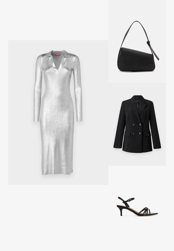 Sort dobbeltradet blazer med hakket revers, to forlommer og knappedetaljer. Fremstillet af glat, vævet stof.; Sølvmetallic kjole med krave, lange ærmer og en tætsiddende silhuet. Stoffet har en struktureret, glitrende overflade.; Sorte sandaler med hæl og små hæle, der har en slank ankelrem og krydsende forreste remme på en glat, flad sål.; Sort læderhåndtaske med en triangular form, skrå klap og et rundt håndtag. Har en glat overflade og minimalistiske design detaljer.