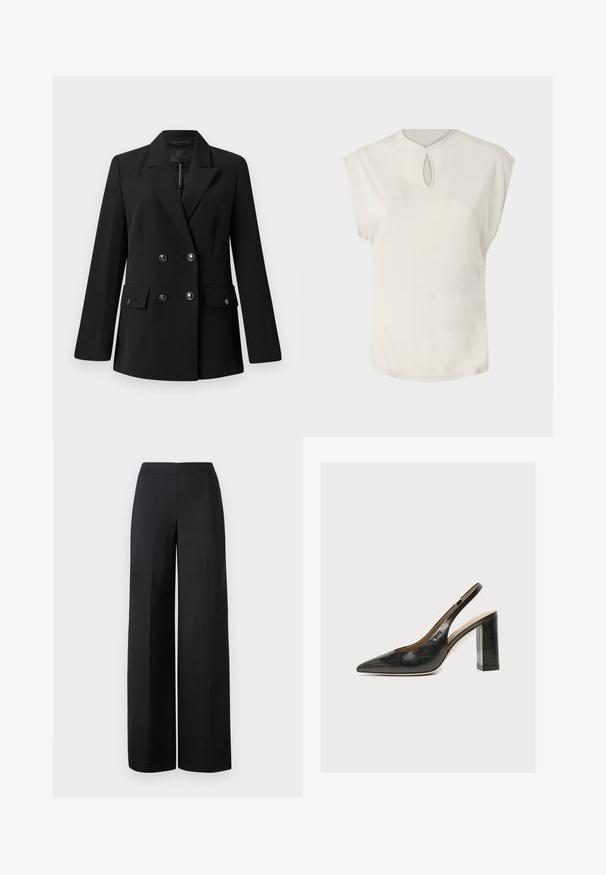 Blazer negro de doble botonadura con solapa con muesca, dos bolsillos delanteros y detalle de botones. Fabricado con tela tejida suave.; Top blanco de manga corta con un escote redondo y un pequeño detalle en forma de ojal en la parte delantera. Textura suave, corte relajado y dobladillo ligeramente curvado.; Pantalones de pierna ancha negros, hechos de una tela suave. Presentan una cinturilla alta y líneas rectas y limpias sin bolsillos visibles ni adornos.; Zapato de mujer slingback de piel negra con puntera puntiaguda y tacón alto grueso de bloque sobre fondo blanco.