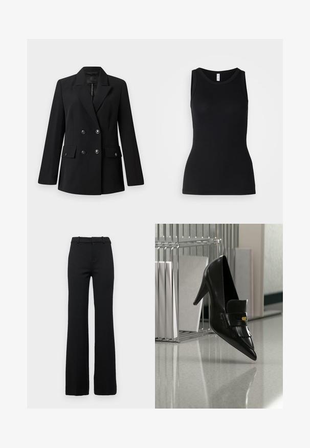 Blazer noir à double boutonnage avec un col à revers cranté, deux poches avant et des détails à boutons. Confectionné en tissu tissé lisse.; Débardeur noir sans manches en tissu côtelé, avec un col rond et une coupe ajustée, à la texture douce et sans motifs.; Pantalons évasés noirs sur mesure avec une texture lisse, dotés d'une ceinture avec passants de ceinture et d'une fermeture éclair à l'avant.; Chaussure à talon haut en cuir noir avec bout pointu et franges décoratives flottant au-dessus d'un sol brillant près d'une étagère métallique avec des documents.