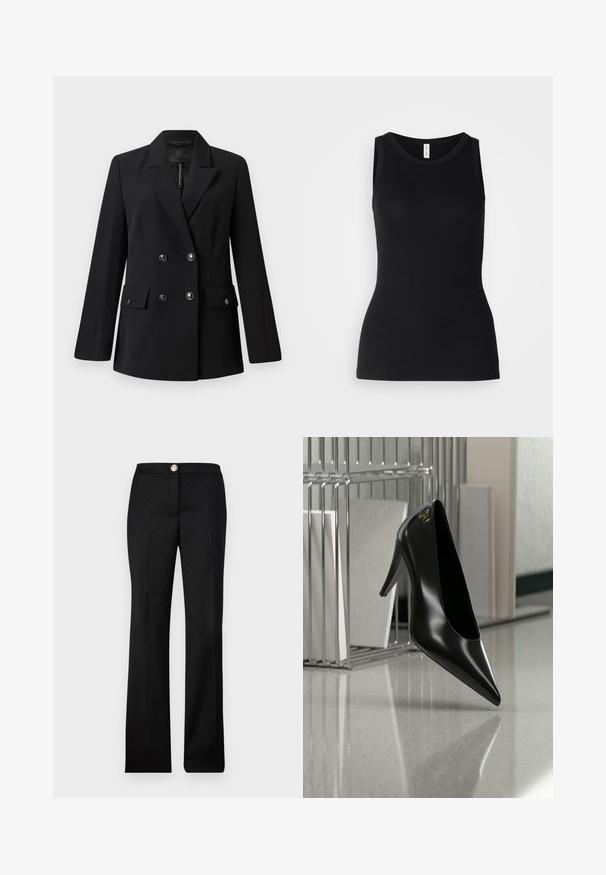 Sort dobbeltradet blazer med hakket revers, to forlommer og knappedetaljer. Fremstillet af glat, vævet stof.; Sort ærmeløs tanktop lavet af ribbet stof, med rund halsudskæring og tætsiddende design, med en glat overflade og uden mønstre.; Sorte skræddersyede bukser med et subtilt geometrisk mønster, lige ben-design og en frontlukning med en metaldetalje.; Sort højhælet sko med spids tå og guldlogo, placeret på en reflekterende overflade nær en krom trådfilholder med dokumenter.