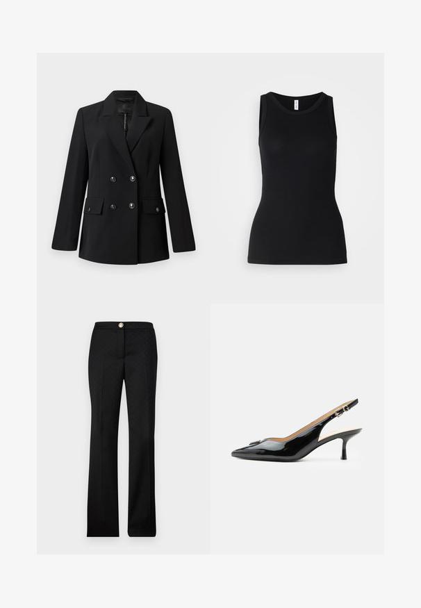 Sort dobbeltradet blazer med hakket revers, to forlommer og knappedetaljer. Fremstillet af glat, vævet stof.; Sort ærmeløs tanktop lavet af ribbet stof, med rund halsudskæring og tætsiddende design, med en glat overflade og uden mønstre.; Sorte skræddersyede bukser med et subtilt geometrisk mønster, lige ben-design og en frontlukning med en metaldetalje.; Sort patentlæder slingback hæl med spids tå, lille kitten hæl og sølvspænde på en ensartet hvid baggrund.