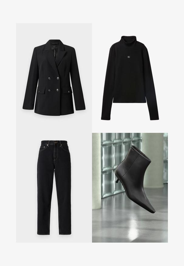 Blazer noir à double boutonnage avec un col à revers cranté, deux poches avant et des détails à boutons. Confectionné en tissu tissé lisse.; Haut noir à col roulé côtelé à manches longues avec petit patch carré du logo Calvin Klein centré sur la poitrine.; Jeans en denim noir avec une coupe droite, taille haute et coutures contrastantes. Comprend cinq poches et une fermeture à glissière.; Bottine en cuir noir avec bout pointu et petit talon, présentée devant un mur en blocs de verre et un sol poli.