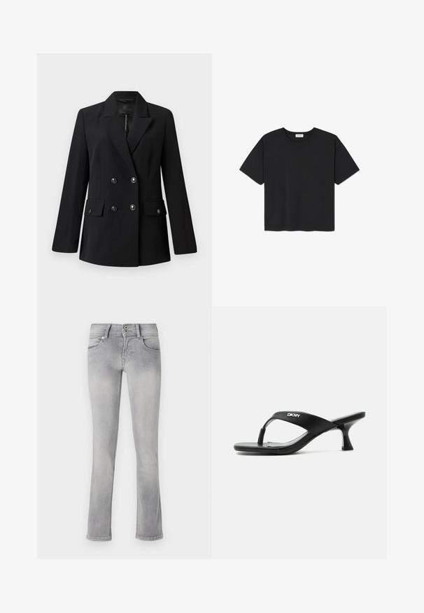 Sort dobbeltradet blazer med hakket revers, to forlommer og knappedetaljer. Fremstillet af glat, vævet stof.; Sort kortærmet T-shirt lavet af bomuld, med rund halsudskæring og lige kant. Simpelt og udekoreret design.; Grå denimjeans med en tætsiddende design, let flare ved kanten, to forlommer og en knaplukning. Faded tekstur overalt.; Sort hælsandal med DKNY-logo på remmen og en slank, buet kitten-hæl på hvid baggrund.