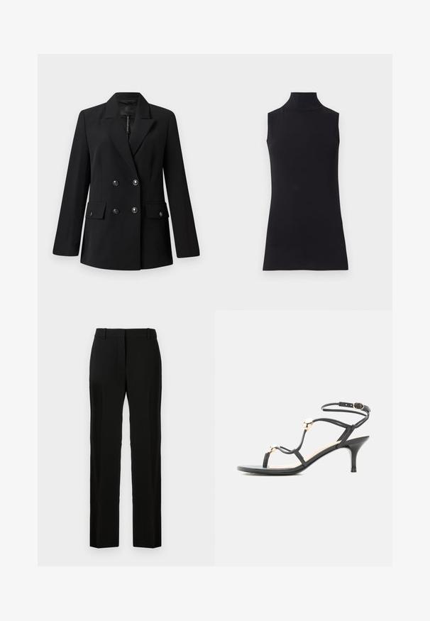 Sort dobbeltradet blazer med hakket revers, to forlommer og knappedetaljer. Fremstillet af glat, vævet stof.; Sort ærmeløs turtleneck top, lavet af glat stof. Figurtilpasset design med høj hals og lige kant, minimalistisk og ensfarvet.; Sorte bukser med lige ben, lavet af glat stof, med flad front, bæltestropper og ingen synlige mønstre eller detaljer.; Sort midhæl sandal med stropper, guld accenter perler og ankelrem med spænde på hvid baggrund.