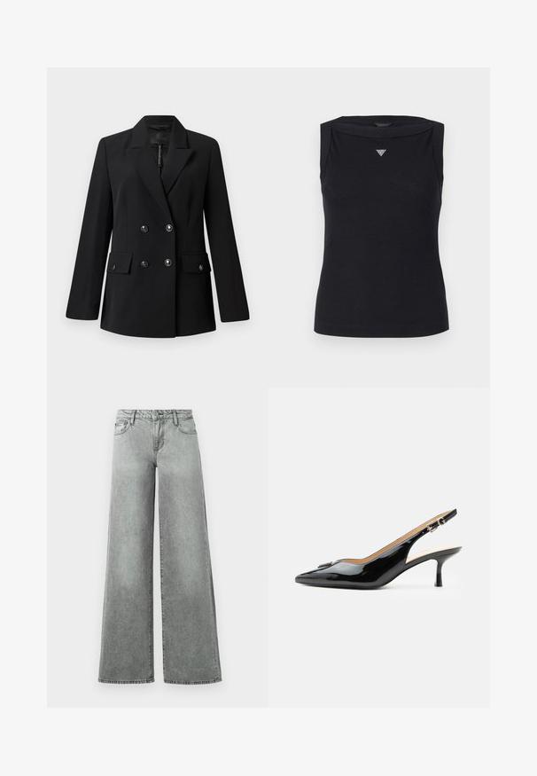 Sort dobbeltradet blazer med hakket revers, to forlommer og knappedetaljer. Fremstillet af glat, vævet stof.; Sort ærmeløs top lavet af bomuld, med bådudskæring og et lille krystal trekantlogo på brystet. Glat tekstur.; Grå vidde jeans lavet af denim, med fem lommer, høj talje og en let falmet finish med synlige sømme.; Sort patentlæder slingback hæl med spids tå, lille kitten hæl og sølvspænde på en ensartet hvid baggrund.