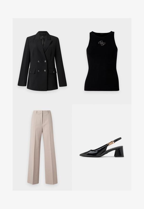 Blazer noir à double boutonnage avec un col à revers cranté, deux poches avant et des détails à boutons. Confectionné en tissu tissé lisse.; Débardeur noir à côtes avec un col rond et un logo orné de clous en argent à l'avant. Tissu doux et extensible.; Pantalons beige à jambes larges en tissu lisse, avec une taille haute, des plis avant et une silhouette ajustée.; Bottines à talon en vernis noir avec un bout pointu et des accessoires dorés sur la bride, dotées d'un talon bloc. Texture lisse.