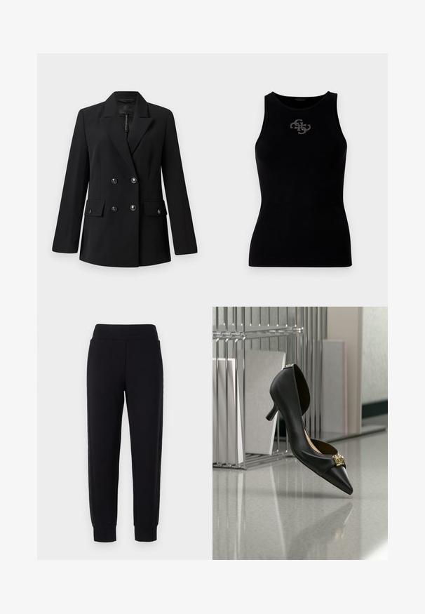 Sort dobbeltradet blazer med hakket revers, to forlommer og knappedetaljer. Fremstillet af glat, vævet stof.; Sort ribbet tank top med rund udskæring og et logo prydet med sølvfarvede nitter på forsiden. Blødt, strækbart stof.; Sorte sweatpants med tætsiddende ben, der har en bred elastisk talje og strukturerede sidelapper. Lavet af et blødt, strækbart materiale.; Sort kitten heel-sko med spids tå og guldemblem på tåen, vist midt i luften mod en reflekterende overflade og metalreol som baggrund.