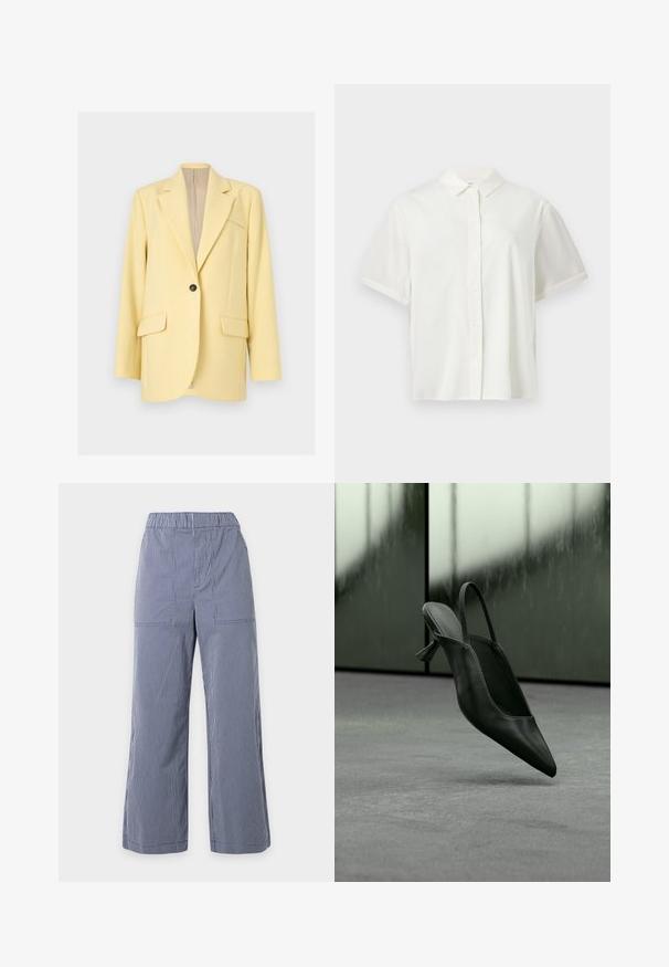 Blazer jaune pâle à un bouton avec revers crantés, deux poches à rabat à l'avant et une poche poitrine passepoilée, présenté sur un fond neutre.; Chemise blanche à manches courtes avec boutons et col, présentée à plat sur un fond blanc uni.; Pantalon large à rayures verticales bleu et blanc avec taille élastique et poches plaquées à l'avant, présenté sur un fond uni.; Escarpin à talon haut en cuir noir avec bride arrière et bout pointu, flottant au-dessus d'un sol recouvert de moquette grise, mur verdâtre flou en arrière-plan.