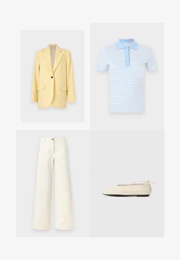 Blazer jaune pâle à un bouton avec revers crantés, deux poches à rabat à l'avant et une poche poitrine passepoilée, présenté sur un fond neutre.; Polo rayé bleu clair et blanc, en tissu doux. Col et patte de boutonnage unis bleu clair avec quatre boutons. Manches courtes.; Pantalon large couleur écrue avec grandes poches plaquées à l'avant, passants pour ceinture et fermeture à un bouton à la taille.; Des chaussures plates de couleur crème avec un bout arrondi, une sangle à la cheville et une semelle en caoutchouc noir contrastante. Matériau lisse avec un detailing minimal.