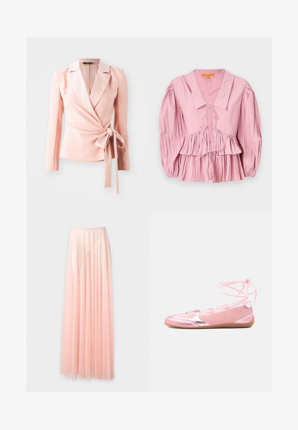 Lichtroze gewikkelde blazer met lange mouwen, satijnen afwerking en een gestrikt tailleaccent. Klassiek reversontwerp met een gladde, textuurachtige uitstraling.; Stine Goya PLEATED BALLOON SLEEVE TIE - Blouse - pink nectar; Lange, geplooide, lichtroze chiffonrok met een elastische tailleband, getoond tegen een effen witte achtergrond.; Roze ballerina's met metalen accenten, gladde textuur en een vetersluiting. Beschikt over een slanke, flexibele zool en branding aan de zijkant.