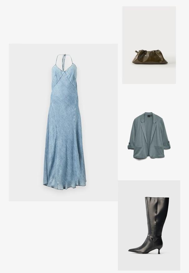 Blazer en bleu-vert clair avec une texture lisse, des revers crantés, deux poches avant et des manches retroussées maintenues par des boutons.; Robe en denim d'une teinte bleu clair, dotée de bretelles spaghetti, d'une coupe évasée et de plis subtils le long du corsage. Silhouette longue et fluide.; Botte en cuir noire montant jusqu'au genou, avec un bout pointu et un petit talon bas, présentée sur un fond clair uni.; Pochette en cuir souple vert olive avec haut froncé et petite anse en boucle, arborant un subtil logo "RAID" sur le devant.