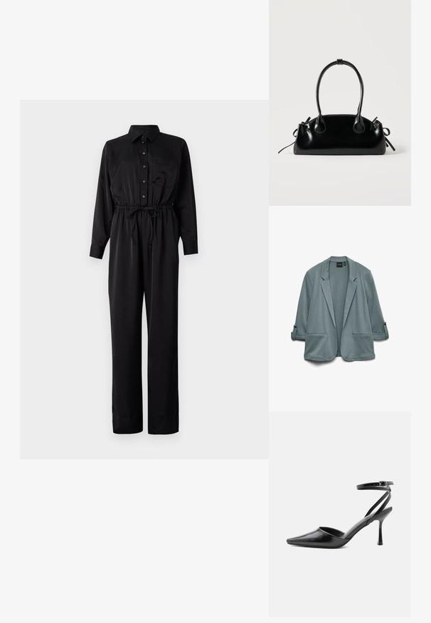 Blazer en bleu-vert clair avec une texture lisse, des revers crantés, deux poches avant et des manches retroussées maintenues par des boutons.; Combinaison noire à manches longues, fermeture boutonnée sur le devant, poche poitrine, taille élastique avec cordon de serrage et jambes larges en tissu lisse.; Escarpin noir à bout pointu avec fines brides de cheville et fermeture à boucle argentée sur fond clair uni.; Petit sac à main noir brillant avec deux longues anses et des détails à cordon sur les côtés sur un fond clair uni.