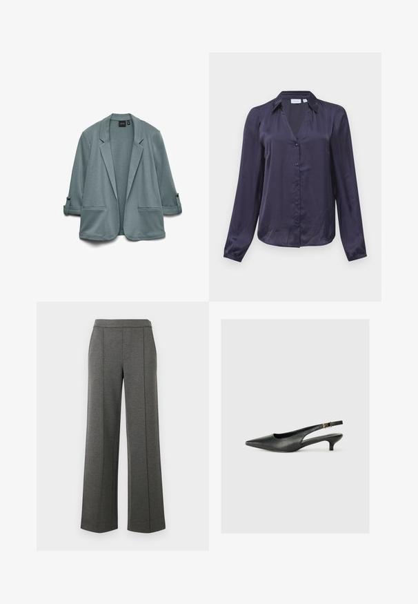 Blazer en bleu-vert clair avec une texture lisse, des revers crantés, deux poches avant et des manches retroussées maintenues par des boutons.; Blouse en satin bleu marine à manches longues, avec col et boutons sur le devant, poignets légèrement froncés et coupe ample.; Pantalons gris à larges jambes en tissu texturé, dotés d'une taille lisse et de coutures verticales, offrant une coupe décontractée et fluide.; Chaussure slingback noire à bout pointu en cuir lisse. Présente un talon fin et un détail de boucle sur la sangle réglable.
