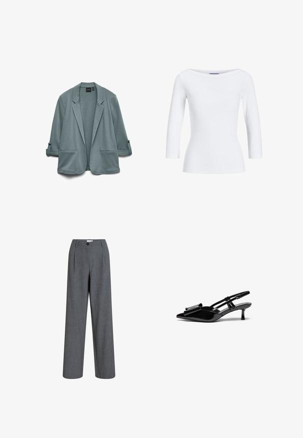 Blazer en bleu-vert clair avec une texture lisse, des revers crantés, deux poches avant et des manches retroussées maintenues par des boutons.; Top à manches longues côtelé blanc avec un décolleté bateau. Le tissu est lisse, ajusté et présente une finition soignée au niveau des poignets et de l'ourlet.; Pantalon gris taille haute cintré avec plis devant, passants pour ceinture, fermeture à boutons et jambes droites larges.; Talons aiguilles en cuir verni noir avec un bout pointu, un détail en nœud à l'avant et un petit talon stiletto. Les brides sont équipées de boucles ajustables.