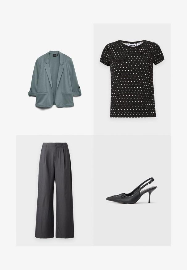 Lyse teal blazer med en glat tekstur, næbede klapper, to frontlommer og opbrettede ærmer fastgjort med knapper.; Sort kortærmet t-shirt med hvide polkaprikker, rund halsudskæring og lige kant.; Mørkegrå bukser med vide ben, plisseringer, bæltestropper og knaplukning ved taljen, vist på en ensfarvet baggrund.; Sorte læder slingback stiletto med spids tå, side spændebånd, nitter langs kanten og dekorativ snøring foran.