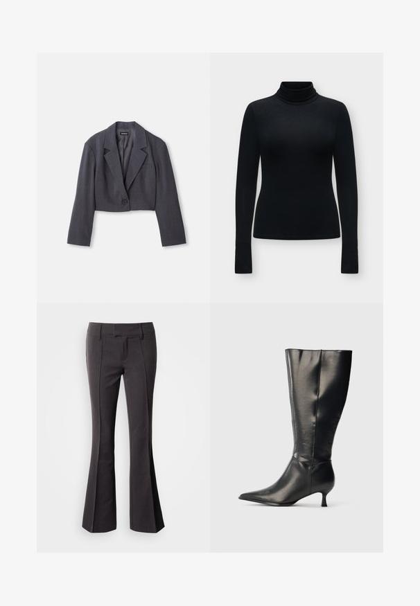 Blazer court gris foncé avec un col structuré, fermeture à un bouton et manches longues. Texture légère avec un détail de poche avant.; Pull col roulé noir ajusté à manches longues, à texture lisse et au design épuré, présenté sur un fond gris clair.; Pantalons évasés gris foncé avec une texture lisse, dotés d'une taille ajustée et de coutures frontales pour une apparence sur mesure.; Botte en cuir noire montant jusqu'au genou, avec un bout pointu et un petit talon bas, présentée sur un fond clair uni.