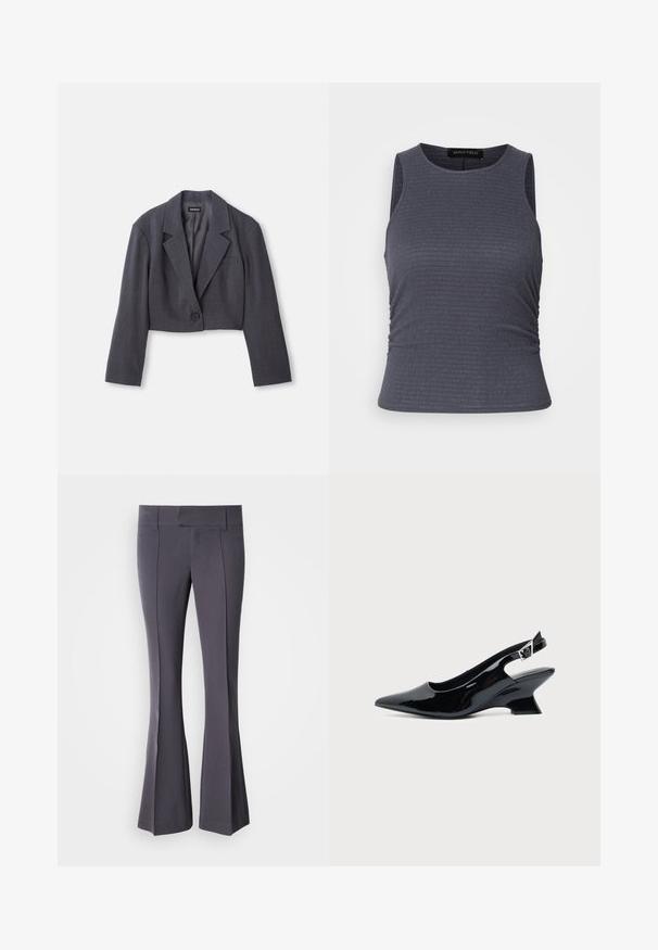 Blazer court gris foncé avec un col structuré, fermeture à un bouton et manches longues. Texture légère avec un détail de poche avant.; Haut sans manches gris foncé en tissu texturé, avec un col rond et des détails froncés sur les côtés pour un look ajusté.; Pantalons grijs évasés en tissu lisse avec une coupe ajustée, présentant des plis avant et une taille mi-haute.; Chaussure slingback en cuir verni noir avec bout pointu et petit talon bloc incliné sur fond clair uni.