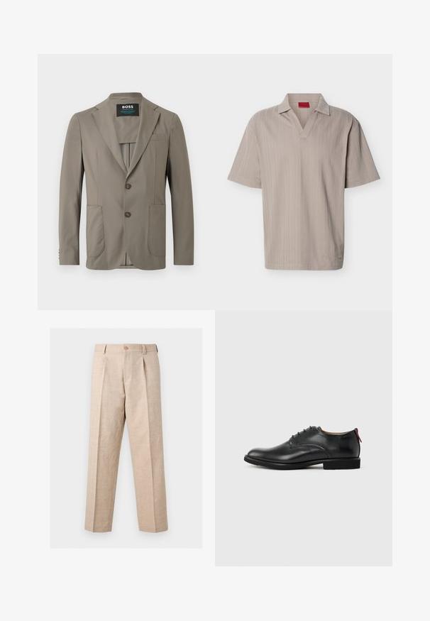 Veste pour homme couleur taupe avec revers crantés, deux boutons à l'avant, deux poches plaquées et une poche poitrine, étiquette BOSS à l'intérieur du col.; Polo en maille beige à manches courtes avec un motif rayé vertical texturé et un col en V ouvert.; Pantalon beige à jambes droites avec plis, fermeture par bouton, passants pour ceinture et coupe ajustée.; Chaussure habillée pour homme en cuir noir, à lacets sur l'avant, avec une languette rouge au talon, sur fond uni.