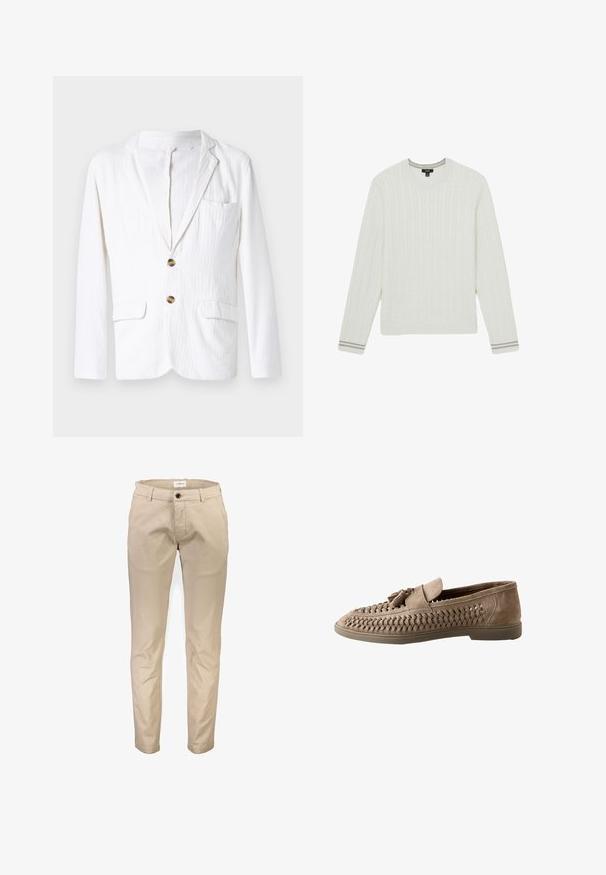 Hvid linned blazer med reverskrave, en enkelt knaplukning, to frontlommer og en venstre brystlomme. Subtil tekstureret stof.; Hvid kabelstrik sweater med lange ærmer, rund halsudskæring og ribbede manchetter med mørkegrå striber langs kanterne.; Beige bomuldsbukser med lige ben, der har frontlommer, lynlås og en enkelt knaplukning. Glat tekstur, uden mønstre.; Brun ruskindslædersko med flettede sider, kvastdetalje på toppen og flad gummisål.