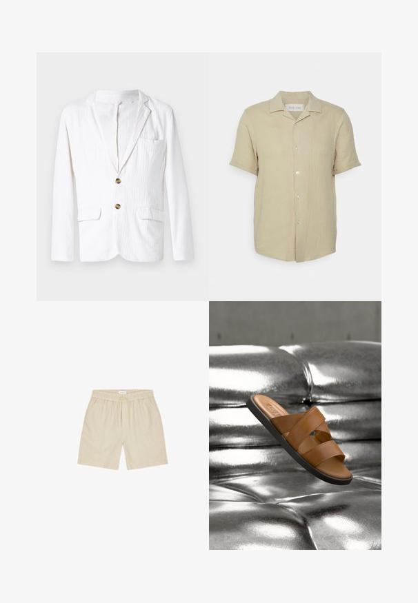 Blazer blanco de lino con solapa, cerradura de un botón, dos bolsillos frontales y un bolsillo en el pecho izquierdo. Tejido sutilmente texturizado.; Camisa de manga corta en tejido ligero de color beige con una superficie texturizada, cierre de botones en la parte delantera y cuello con muesca. Presenta botones transparentes.; Pantalones cortos beige casual con cintura elástica, cordón ajustable y bolsillos laterales, colocados planos sobre un fondo blanco.; Sandalia tipo slide de cuero marrón con dos tiras anchas y suela negra flotando sobre una superficie plateada metálica brillante con borlas.