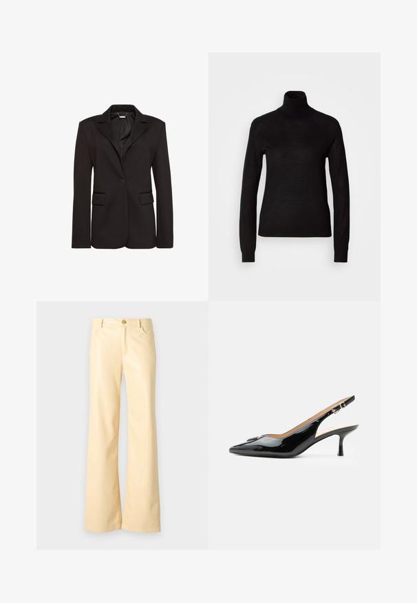 Sort skræddersyet blazer lavet af glat stof, med en hakket krave, enkelt knaplukning og to forlommer. Enkel design.; Sort turtleneck sweater lavet af et let strikket stof. Har lange ærmer og en tætsiddende silhuet med raglan-sømme.; Breddebenede bukser i en lys gul farve, lavet af glat, skinnende materiale. Har en frontknap, to sidelommer og en lige pasform.; Sort patentlæder slingback hæl med spids tå, lille kitten hæl og sølvspænde på en ensartet hvid baggrund.