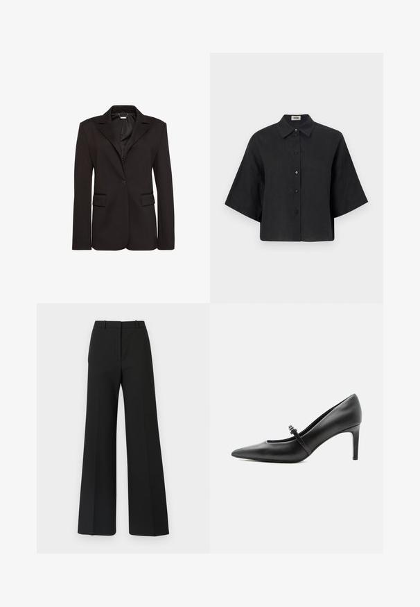 Sort skræddersyet blazer lavet af glat stof, med en hakket krave, enkelt knaplukning og to forlommer. Enkel design.; Sorte linned cropped skjorte med spidse krave, korte ærmer og frontlukning med knapper. Har en afslappet pasform og en glat struktur.; Sorte buks med vide ben og skræddersyet design, der har en glat tekstur og subtile plisseringer foran. Ingen synlige detaljer eller mønstre.; Sort læderspids højhælede sko med tynd rem og spænde over vristen, stående på en neutral lys baggrund.