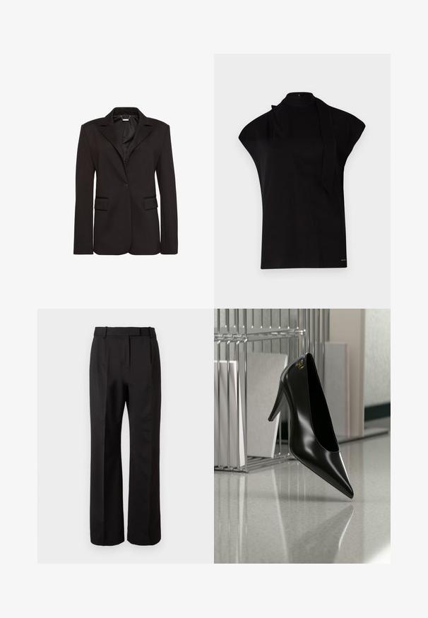 Sort skræddersyet blazer lavet af glat stof, med en hakket krave, enkelt knaplukning og to forlommer. Enkel design.; Sort, højhalset top med korte ærmer, der har et asymmetrisk design og et langt halsbånd. Lavet af glat stof med et minimalistisk udtryk.; Højtaljede sorte bukser, lavet af glat stof, med en lige ben-design, sidelommer og en flad front med læg.; Sort højhælet sko med spids tå og guldlogo, placeret på en reflekterende overflade nær en krom trådfilholder med dokumenter.
