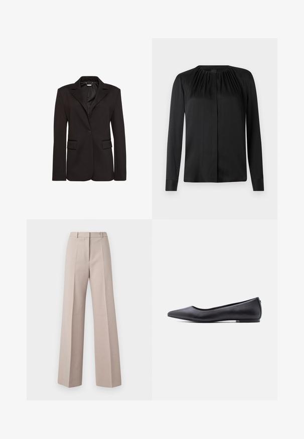 Sort skræddersyet blazer lavet af glat stof, med en hakket krave, enkelt knaplukning og to forlommer. Enkel design.; Sort langærmet bluse lavet af glat stof med rund hals og subtile læg ved skuldrene. Har en lige pasform og knaplukning foran.; Beige vide bukser lavet af et glat stof, med høj talje, forkantede folder og en skræddersyet silhuet.; Sort flad lædersko med spidst tåparti og lav hæl, vist i sideprofil mod en hvid baggrund.