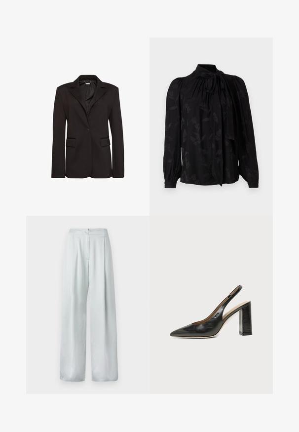Sort skræddersyet blazer lavet af glat stof, med en hakket krave, enkelt knaplukning og to forlommer. Enkel design.; Sort bluse med høj krave og bindedetalje. Har et subtilt blomstermønster og puffede lange ærmer med sammensnørede manchetter. Glat tekstur.; Lysegrå brede bukser med en glat tekstur, der har en frontlukning med knap og plisseret design for ekstra detaljer.; Sort læder peep-toe slingback sko med høj blokhæl og beige indvendig foring mod en ensfarvet lys baggrund.