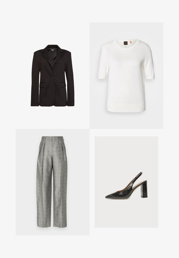 Sort skræddersyet blazer lavet af glat stof, med en hakket krave, enkelt knaplukning og to forlommer. Enkel design.; Hvid kortærmet strik-top med rund halsudskæring, ribkant og blød tekstur. Logomærke med orange detalje ved kraven.; Grå højtaljede bukser med plisseringer, lavet af et struktureret stof med et subtilt ternet mønster. Vidde ben design med sidelommer.; Sort dameslingback pumpe i læder med spids tå og tyk høj blokhæl på hvid baggrund.