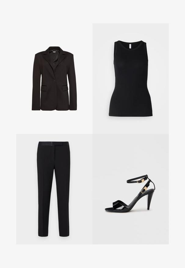 Sort skræddersyet blazer lavet af glat stof, med en hakket krave, enkelt knaplukning og to forlommer. Enkel design.; Sort ærmeløs tanktop lavet af ribbet stof, med rund halsudskæring og tætsiddende design, med en glat overflade og uden mønstre.; Sorte bukser med en glat tekstur, lige snit og en satinlinning. Har minimal detaljering og ingen synlige mønstre eller accenter.; Sorte patentlæder højhælede sandaler med dobbelte ankelremme og guldspænder, åben tå og slank taperet hæl på neutral baggrund.