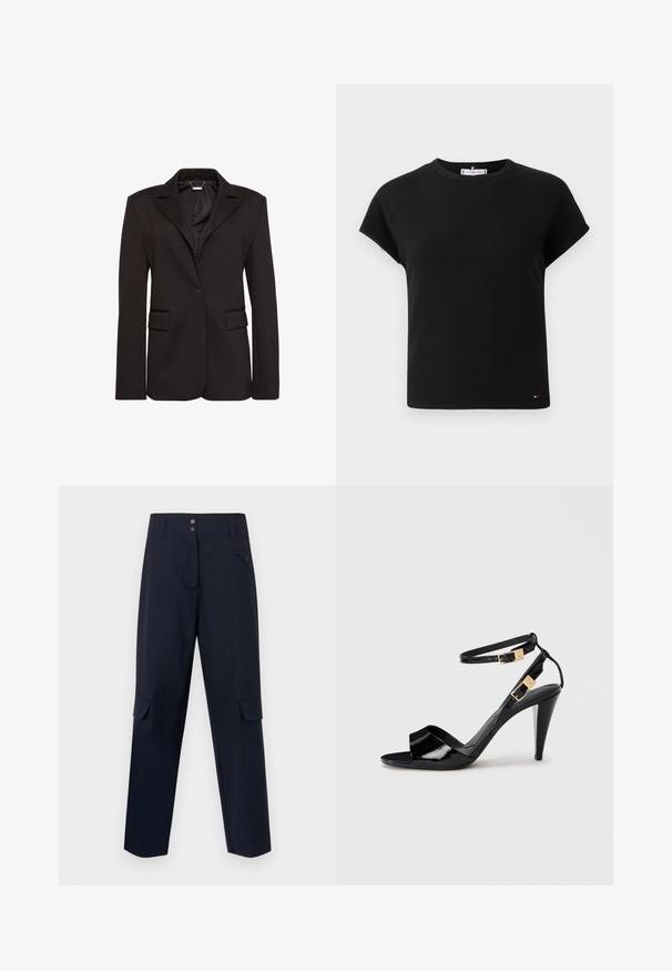 Sort skræddersyet blazer lavet af glat stof, med en hakket krave, enkelt knaplukning og to forlommer. Enkel design.; Sort ribbet t-shirt med korte ærmer, rund halsudskæring og en lille logo detalje i kanten. Lavet af et blødt, strækbart stof.; Navy cargo bukser lavet af et vævet materiale, med to sidelommer, knaplukning og lige ben-design.; Sorte patentlæder højhælede sandaler med dobbelte ankelremme og guldspænder, åben tå og slank taperet hæl på neutral baggrund.