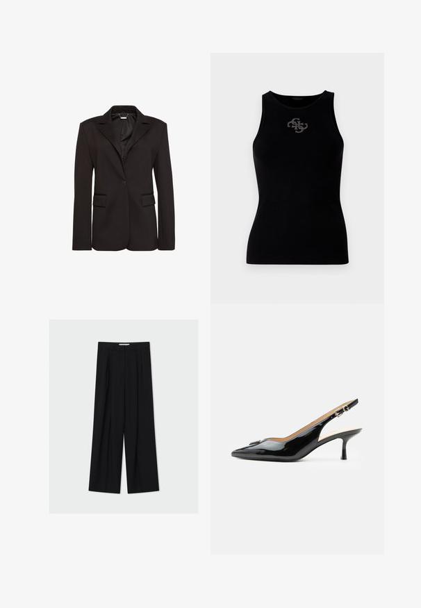 Sort skræddersyet blazer lavet af glat stof, med en hakket krave, enkelt knaplukning og to forlommer. Enkel design.; Sort ribbet tank top med rund udskæring og et logo prydet med sølvfarvede nitter på forsiden. Blødt, strækbart stof.; Sorte vidde bukser med høj talje, bæltestropper og forreste læg, vist mod en lys grå baggrund.; Sort patentlæder slingback hæl med spids tå, lille kitten hæl og sølvspænde på en ensartet hvid baggrund.