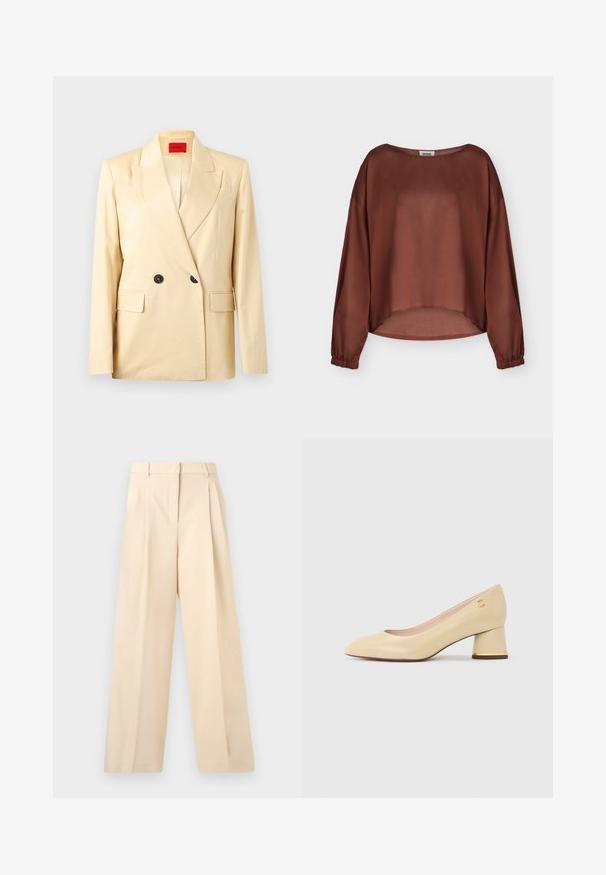 Blazer beige croisé à larges revers, deux boutons noirs, poches à rabat et étiquette intérieure rouge sur fond clair.; Blouse marron transparente à manches longues avec poignets élastiques, encolure ronde et ourlet légèrement arrondi, présentée sur un fond uni.; Pantalon beige à larges jambes avec plis devant, passants de ceinture, poches latérales et fermeture avant dissimulée.; Escarpin en cuir verni beige avec un bout pointu et un talon moyen à bloc. Présente un logo accent doré sur le talon. Texture lisse.